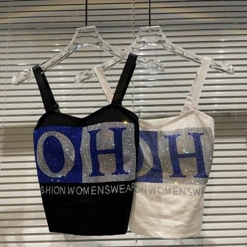 FABPOP 2021 New Design Sleeveless Letters Rhinestone Stretch Slim Tank Tops Women Crop Top GC173