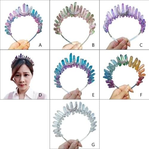 Bridal Jewelry Crescent Moon Tiara Crown Rainbow Raw Quartz Crystal Headband 449B