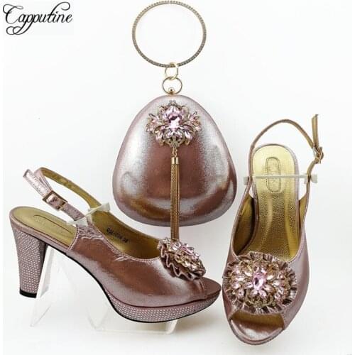 High Quality PU Leather Elegant Woman Shoes And Bag Set Nigerian Style Rhinestone High Heels Shoes And Bag Set For Party