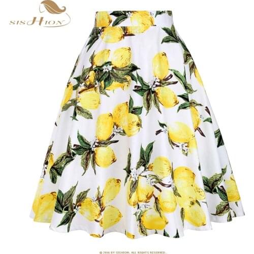 SISHION 2021 Fruit Print Lemon Skirt White and Yellow Cotton Summer Knee Length Swing 50s Vintage Skirts Bottoms Pleated Skirt