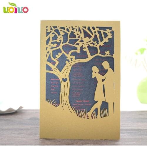 Pearl beige gold couple design Invitations Cards laser cut Wedding Invitation Cards with ribbon and pearl