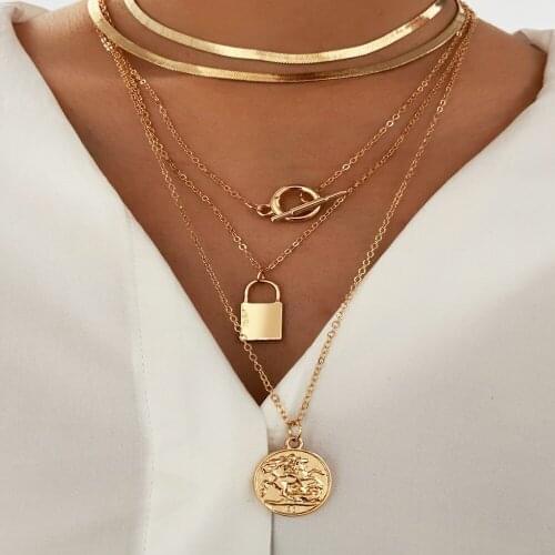 New Punk Gold Multilayers Thick Chain Lock Pendant Necklace for Women Gothic Geometric Chain OT Buckle Necklace Girl Party Gift