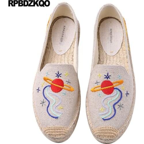 Women Embroidered Ladies Denim Shoes Hemp Embroidery Cartoon Jeans Breathable Espadrilles High Quality Canvas Large Size Flats