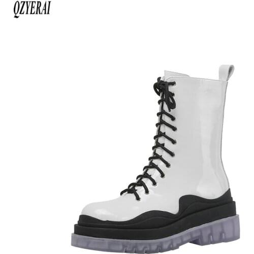 QZYERAI New winter Women boots Genuine leather Motorcycle boots Female boots lace-up bottom of the thick Women shoes
