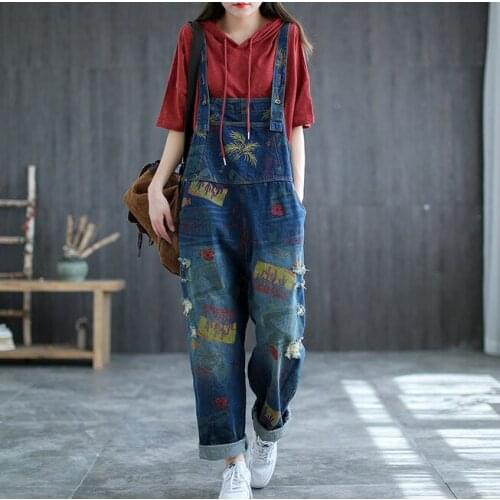 21Spring Summer Denim Jumpsuits Women Vintage Painted Hole Bleached Washed Loose Female Fashion Cross-Pants