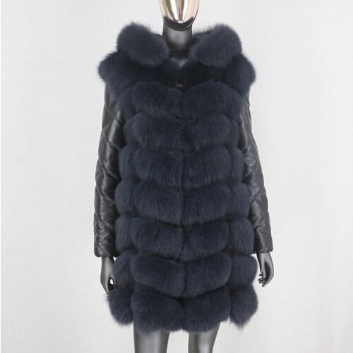 Women Real Fur Coat New 2021 Brand Long Winter Jacket Natural Fox Fur Hooded Genuine Leather Sleeve Outerwear Streetwear