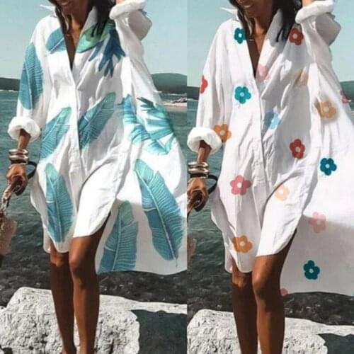 Women Summer Long Sleeve Button Down Midi Shirt Dress Boho Floral Leaves Printed Sexy Lapel V-Neck Asymmetric Loose Dropship