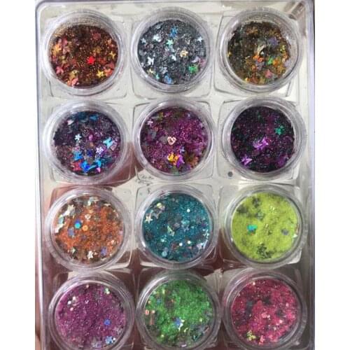 2.5g-12 jar/set Tumbler Chunky Glitter Mix Chameleon, Illusion, Five-pointed Star Effect DIY Projects Nail Glitter Flakes HJS8