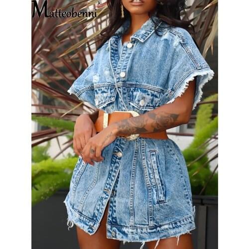 2021 Womens Loose Mid Length Denim Vest Coat With Belt Ladies Turn Down Collar Tassel Short Sleeve Buttons Pockets Jean Jacket
