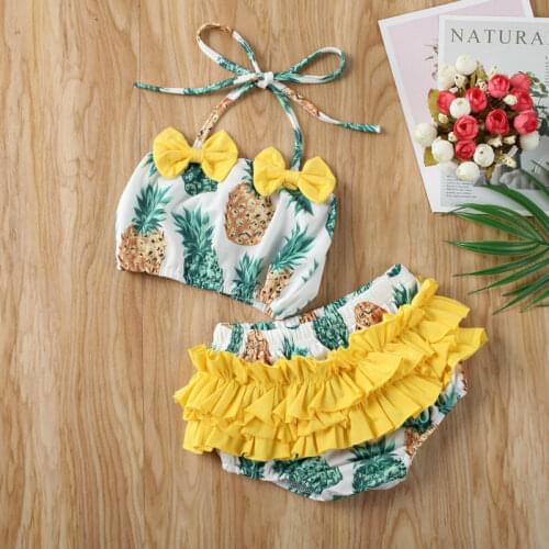 Emmababy 2PCS Baby Girl Pineapple Print Bowknot Ruffles Lovely Swimwear Kids Children Bikini Set Swimsuit Summer