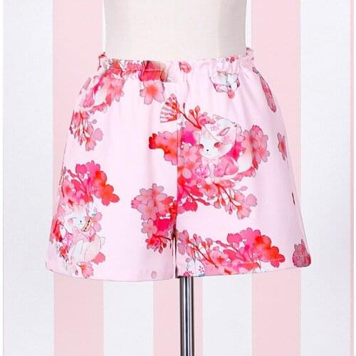 "Onegai Neko" Praying Cat Womens Japanese Kimono Style Shorts Sakura Kitty Elasitc Waist with Pockets 4 Colors