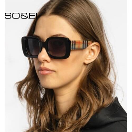 SO&EI Fashion Square Sunglasses Women Retro Shades UV400 Leopard Tea Gradient Eyewear Brand Designer Men Tea Green Sun Glasses