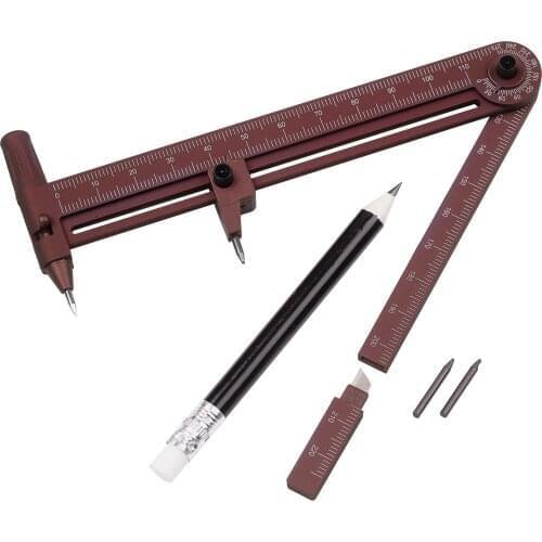 5-in-1 Angle Ruler Compasses Angle Gauge Straight Ruler Protractor Set Square Paper Cutter with Pencil & Eraser for Woodworking