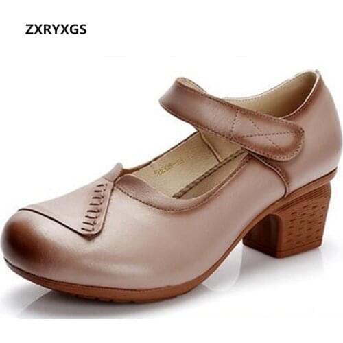 Promotion 2021 Autumn New Shoes Classic Retro Genuine Leather Shoes High Heels Soft Sole Non-slip Comfortable Shoes Black Brown