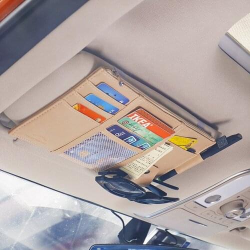 Sunshade Clip Organizer Pocket Car Sun Visor Leather Universal Storage Bags Tidying With Zipper Pen Clip Stowing Multifunctional