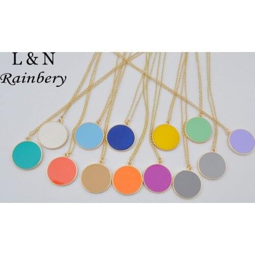 Rainbery New trend Soft Enamel Disc Necklace Circle Pendant Necklace Long Gold Chain Multi Color Monogram Pendant Necklace