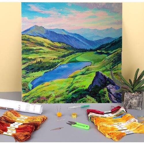 Landscape Lake Apshinets. Morning Pre-Printed 11CT Cross-Stitch Patterns Embroidery DMC Threads Sewing Hobby Promotions