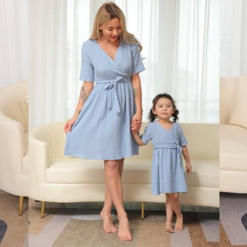 Mummy and Daughter Dress Solid Mommy Infant Girls Colorful Family Look Clothes V-neck Home Casual Wearing Super Mama Soft Outfit