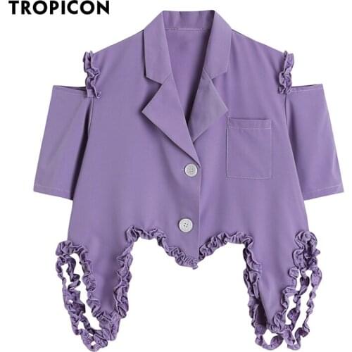 TROPICON Purple Desinger Shirt Summer Blouse Short Sleeve Top Cropped Button Up Shirt Luxury Designer Clothing Women Fashion