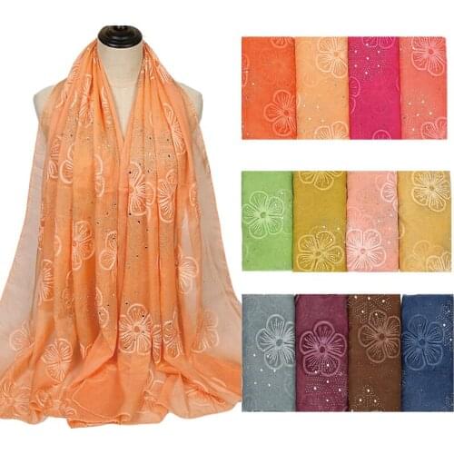 Embroidered Floral Crystal Stone Silk Scarf Hijab Polyester Plain Scarves High Quality Women Muslim Headscarf Wrap 180*90cm 1PC