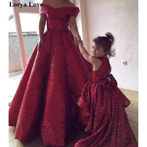 Wine Red Mother And Daughter Evening Dresses For Wedding Sequin Women Formal Party Night Prom Gowns Off Shoulder Robe De Gala
