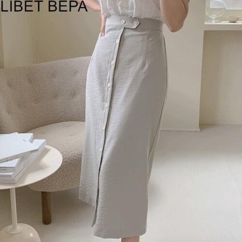 New 2021 Summer Autunm Women Skirt Fashion Korean Style Buttons Vintage Elegant High Waist Split Wild Lady Long Skirts SK6170