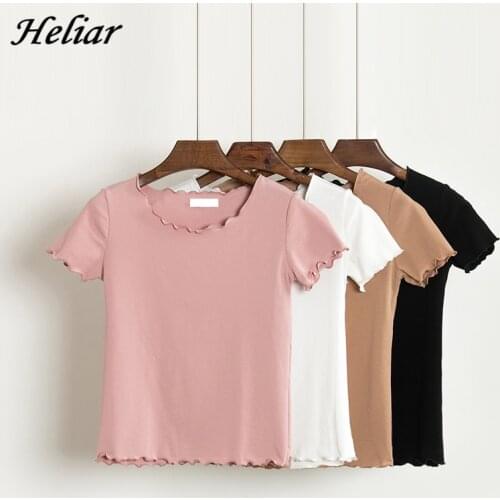 HELIAR Solid Knitting Ruffles T-Shirt Women O-neck Short Sleeve Silky Cardigan Summer Tees Ladies Pullover 2019 T-Shirt Women