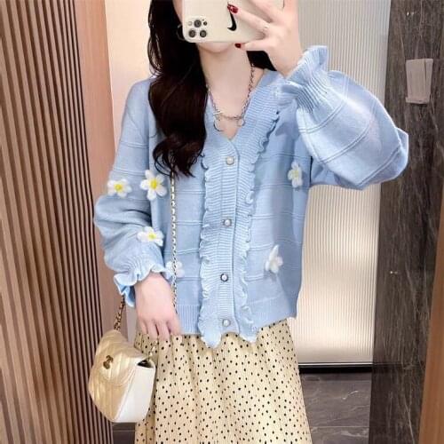 And brief paragraph falbala knitting cardigan female thin section languid is lazy wind sweater coat in autumn of 2021