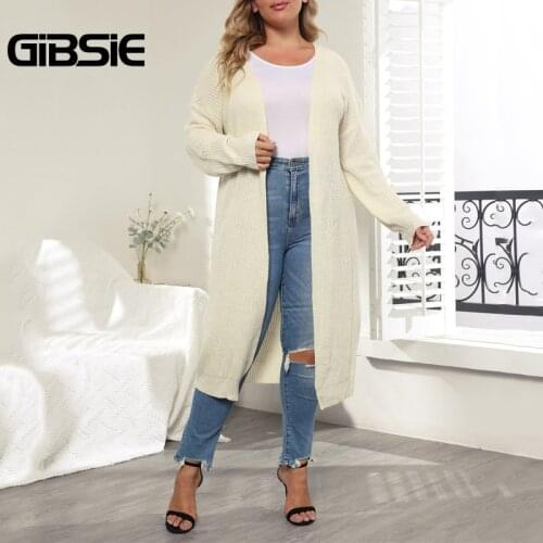 GIBSIE Womens Long Knitted Cardigan Plus Size Long Sleeve Solid Casual Sweater Women Autumn Winter Loose Cardigans Coat 2021