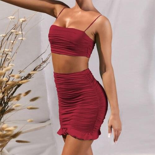Sexy Outfits For Woman Sling Off Shoulder Backless Top Ruffles Bodycon Pleated Mini Skirts Solid Slim 2 Peice Set Summer Clothes