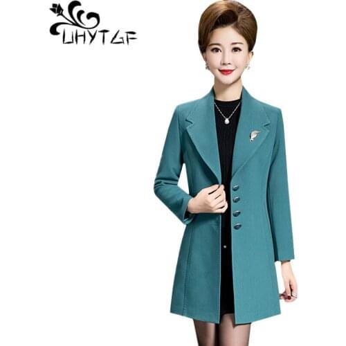 UHYTGF High quality women trench coat Temperament elegant Slim spring autumn windbreaker female Casual basic Plus size coats 696