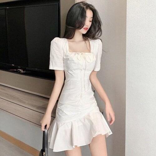 Women dress summer Korean ladylike A-Line Solid Short Draped Above Knee Mini Square Collar Square Collar dresses