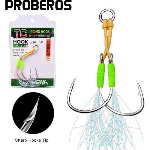 PROBEROS 1 Pack Jig Fishing Hooks 1/0-2/0-3/0-4/0-5/0# High Carbon Steel Fishhooks Double Twin Hooks Glow Feather Jiging Hooks