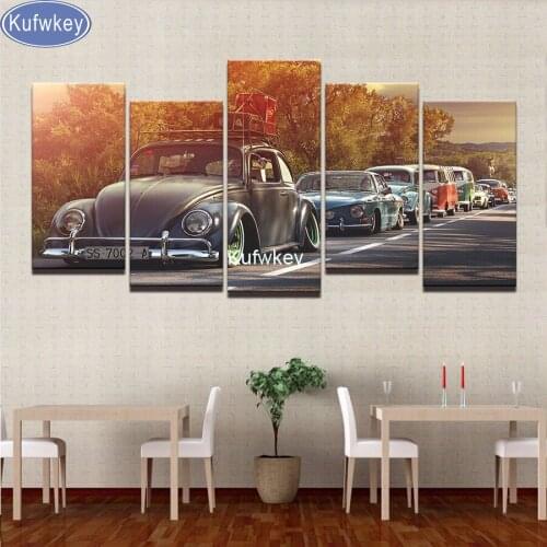 Kufwkey 5pcs DIY 5D Diamond Painting car Cross Stitch Full Diamond Embroidery 5D Diamond Mosaic Home Decor Retro car Sunset art