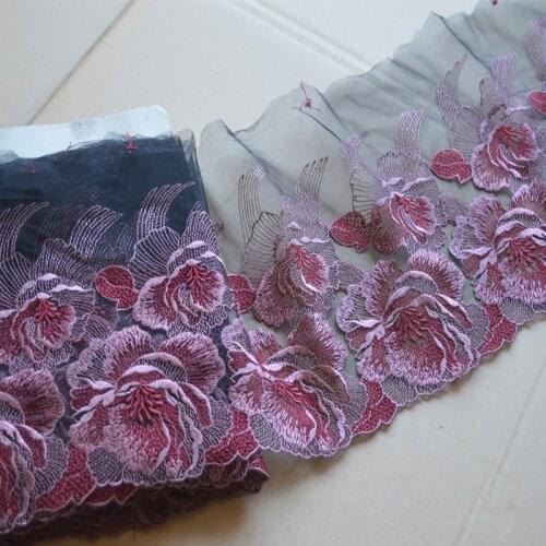 5YDS Lace Trim Black Mesh Pink Red Mixed Flower Embroidered Scalloped Tulle Lace 22cm Wide High Quality Wedding Skirt Garment