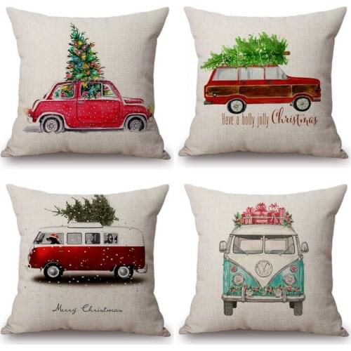 Watercolor Painting Car Christmas Tree Print Cushion Cover Red Vintage Winter Snow Car Decorative Sofa Chair Throw Pillow Cover