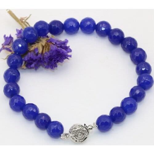 Elegant blue 8mm faceted round beads bracelets stone jades beads chalcedony fine gifts diy jewelry 8inch B2710