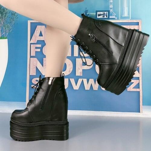 14cm Lace-Up Increase Within Martin Boots British Wind Thick Bottom Knight Boots Fashion Short Boots Wedges Womens Ankle Boots