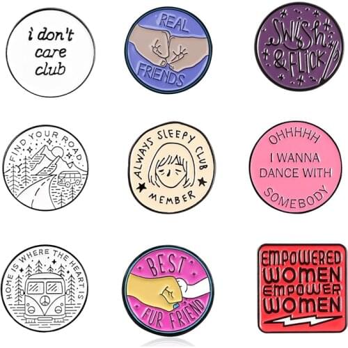 Pins Round square Badge Enamel Pink purple red Brooch Best friend feminism Travel camping sleeping Club Lapel Jewelry 10 Style