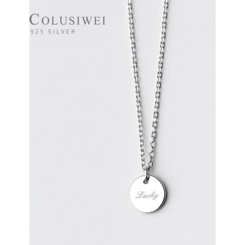 COLUSIWEI Genuine 925 Sterling Silver Letter “Lucky” Classic Disc Pendant Necklace for Women Link Chain Necklace Fine Jewelry