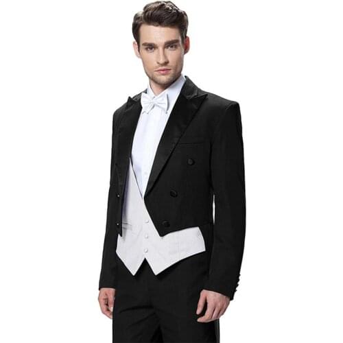 Hot Sale Black Italian Mens Tailcoat Wedding Suits for Men Groomsmen Suits 3 Pieces Groom Wedding Suits White Vest Mens Suits