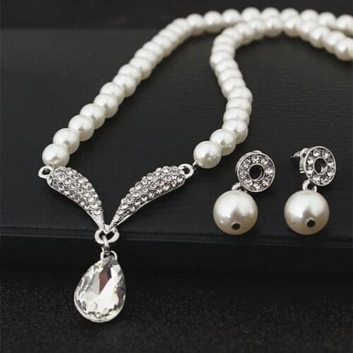 Hot Arrival Bride Classic Imitation Pearl Rhinestone Crystal Necklace Earrings Wedding Jewelry Sets Accessories Special Price