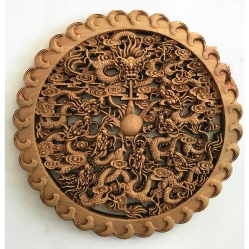 Artistic Chinese Hand-carved 9 Dragon Statues With Camphor Board Wall Sculpture