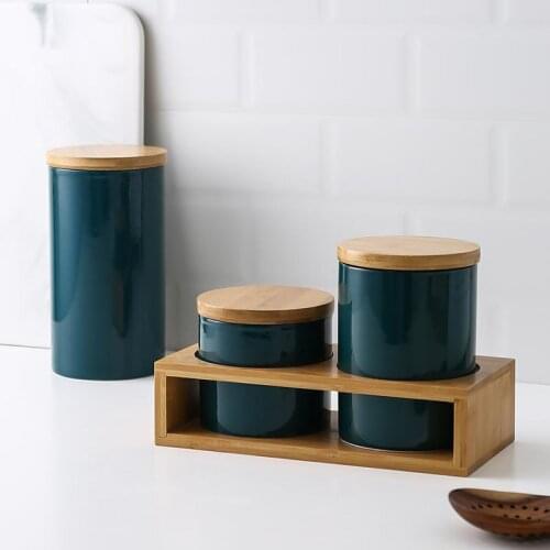 Nordic Style Ceramic Storage Bottle Jar For Spices Wood Lid Cans Kitchen Coffee Tea Candy Cane Container Cans For Storage Box