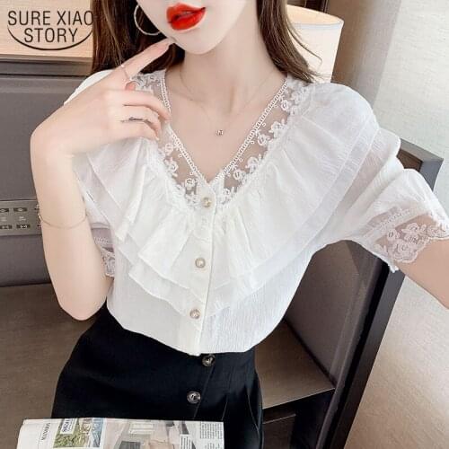 Summer Lace Shirt V-neck Ruffled Solid Loose Blouse Chiffon Short-sleeved Shirt Top Female Cotton Lace Blouse 14063
