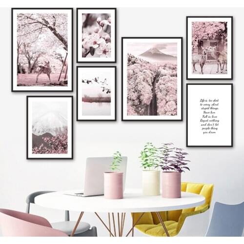 Mountain Lake Cherry Blossoms Deer Path Wall Art Canvas Painting Nordic Posters And Prints Wall Pictures For Living Room Decor