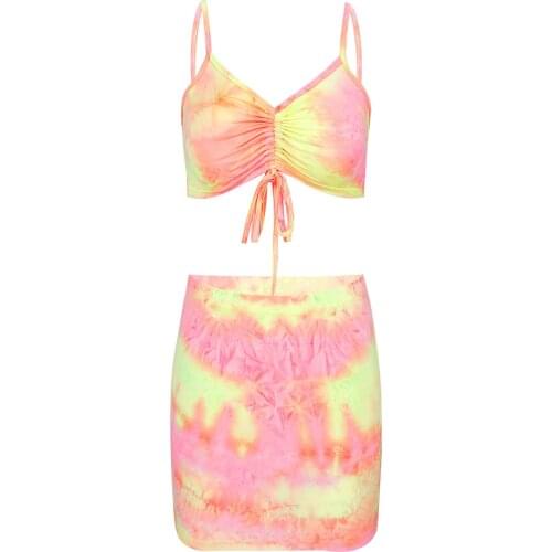 New Women Two Piece Sleeveless Bodycon Party Outfits Set Tie Dye Crop Top with Mini Skirt Club Wear Beachwear Swimwear Swimsuit