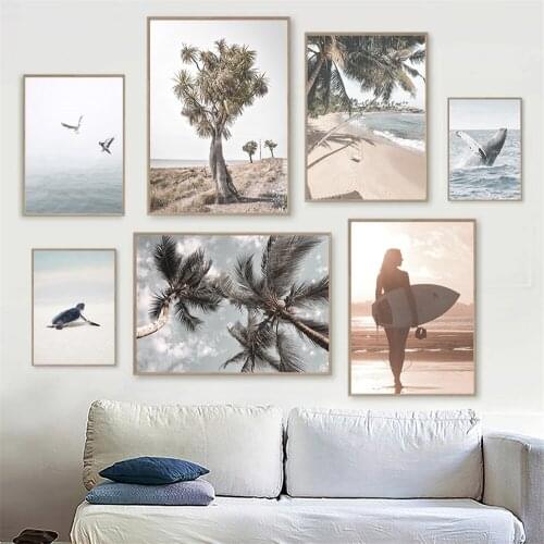 Seaside Coconut Tree Poster Beach Landscape Wall Art Print Painting Whale Surf Girl Posters Nordic Wall Pictures Home Decoration