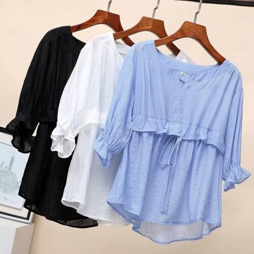 V-Neck Drawstring Chiffon Blouse Half Sleeve Solid Pullovers Women Elegant Large Size Loose Blusas Feminine Tops Female XY6
