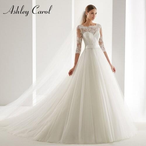 Ashley Carol A-Line Wedding Dress 2020 Fashion Scoop Half Sleeve Illusion Court Train Bride Dress Romantic Simple Bridal Gowns